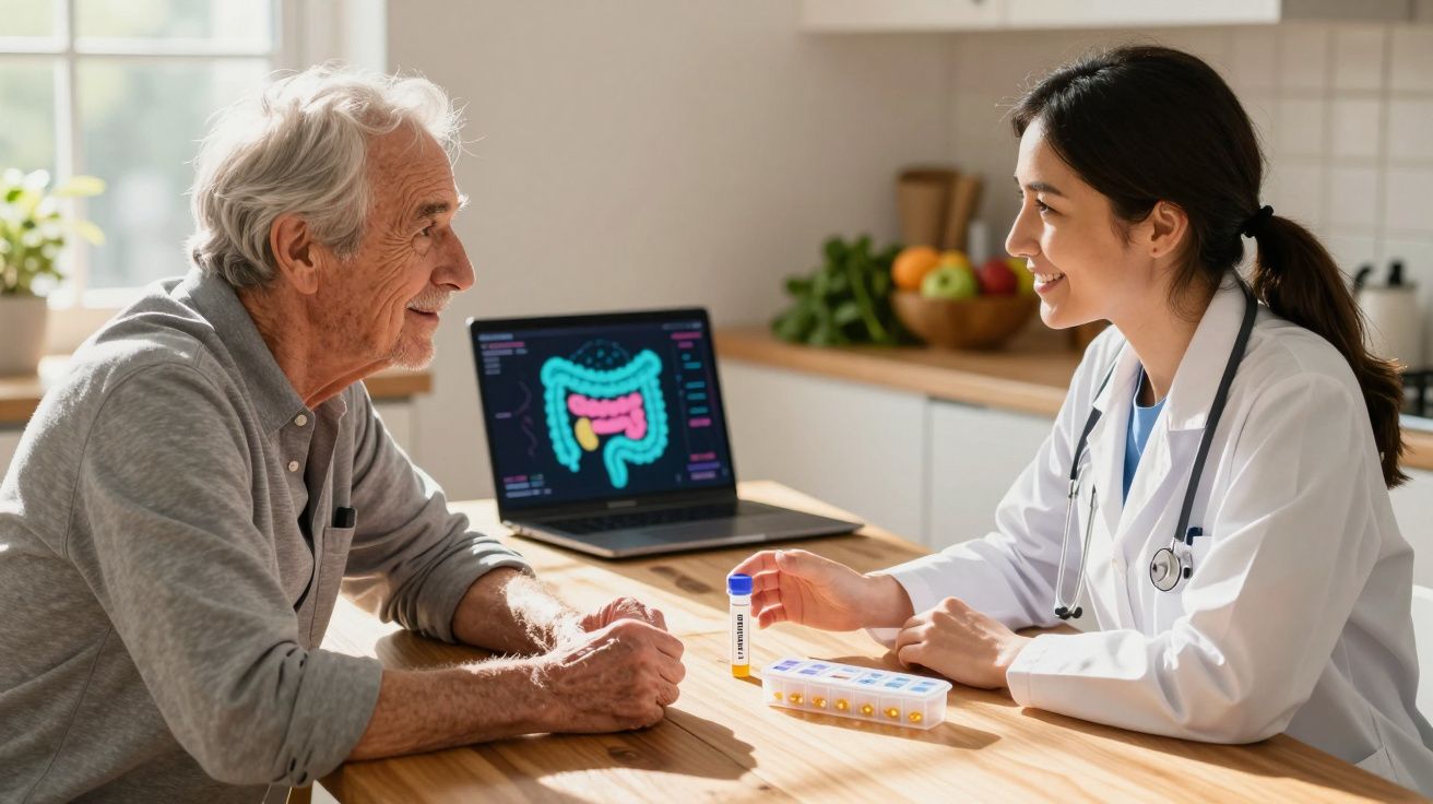 Lekarka rozmawia z seniorem o zdrowiu jelit przy stole w kuchni.