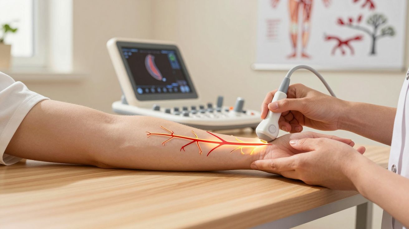 Badanie USG naczyń krwionośnych przedramienia wykonywane przez lekarza w gabinecie medycznym.