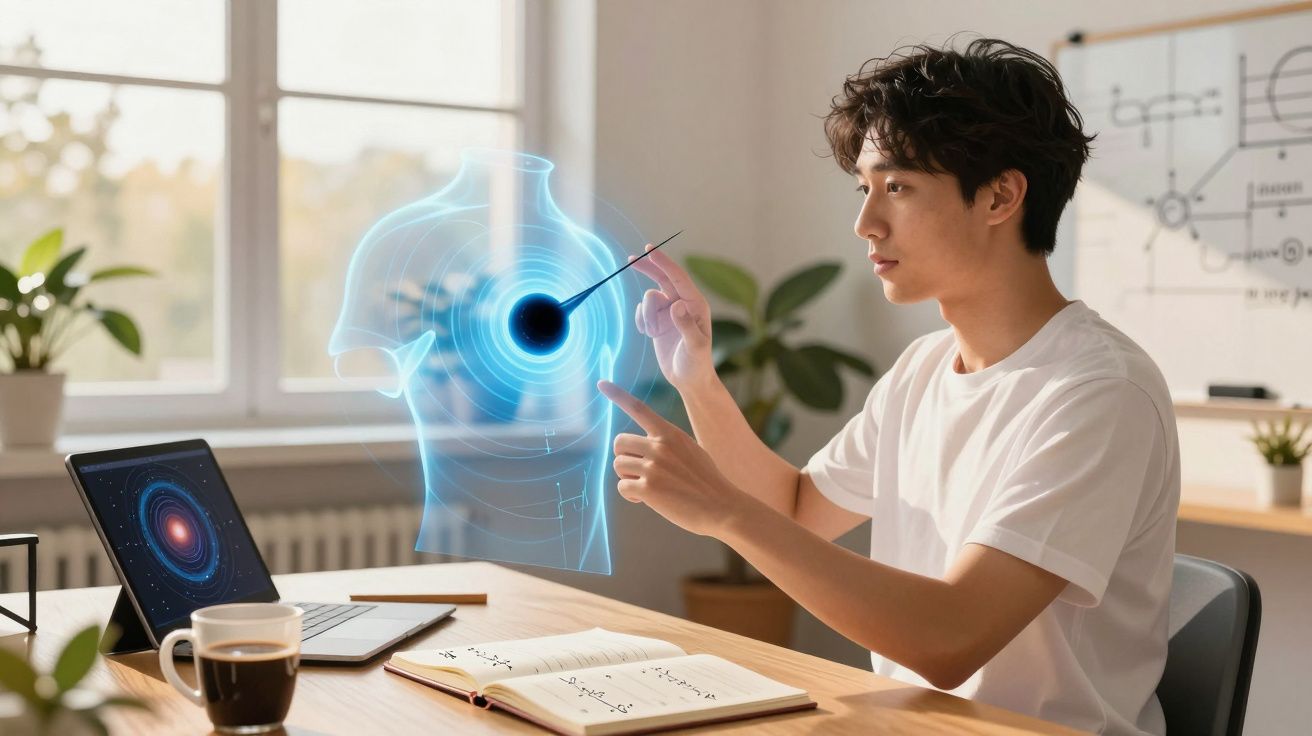 Młody mężczyzna analizujący holograficzny model anatomiczny głowy i mózgu przy biurku z laptopem.