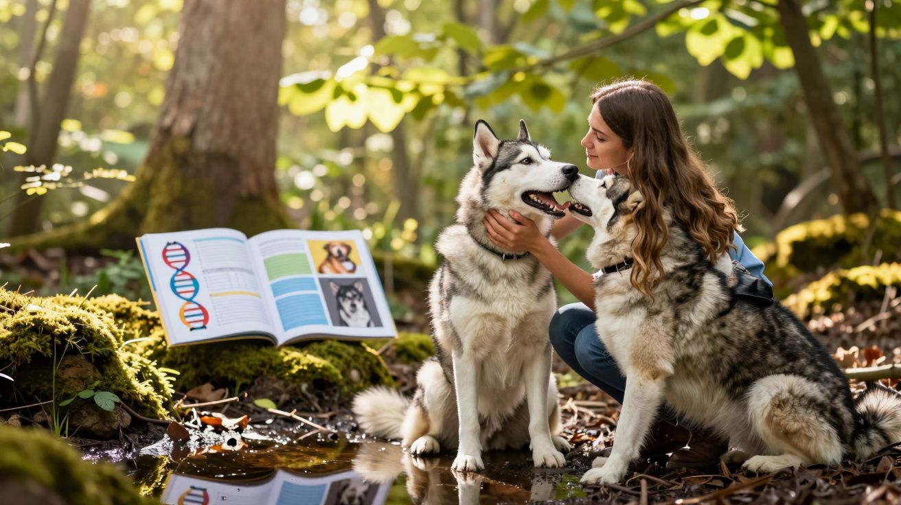 Kobieta głaszcze dwa husky siedzące przy stawie w lesie, obok otwarta książka o psach i DNA.