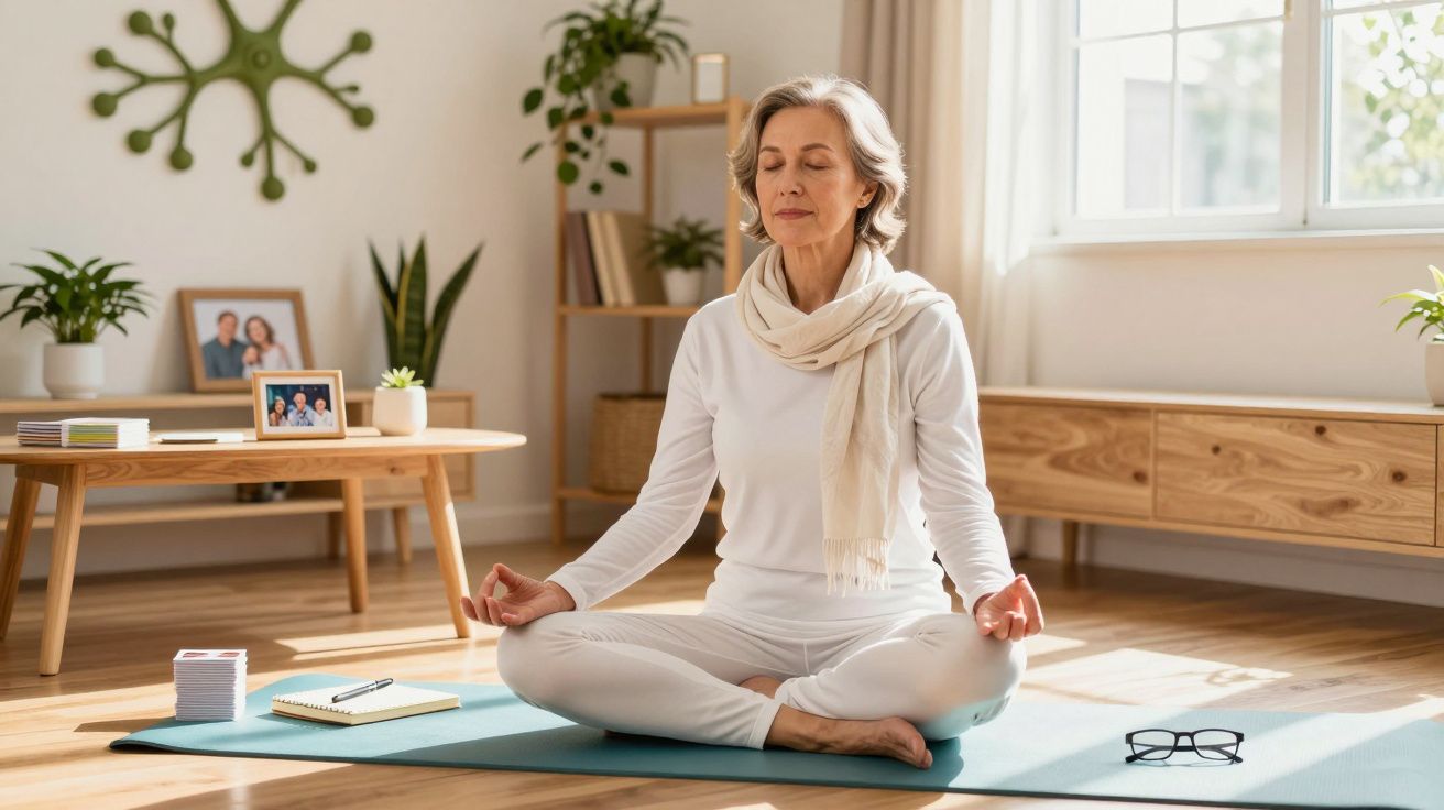 Starsza kobieta medytująca w pozycji lotosu na macie do jogi w jasnym, przytulnym pokoju.