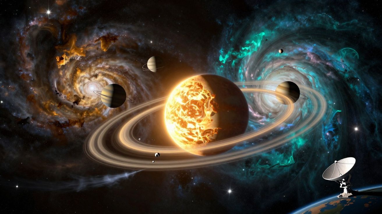 Ilustracja układu planetarnego z gazowymi planetami i satelitą na tle galaktyk i Ziemi.