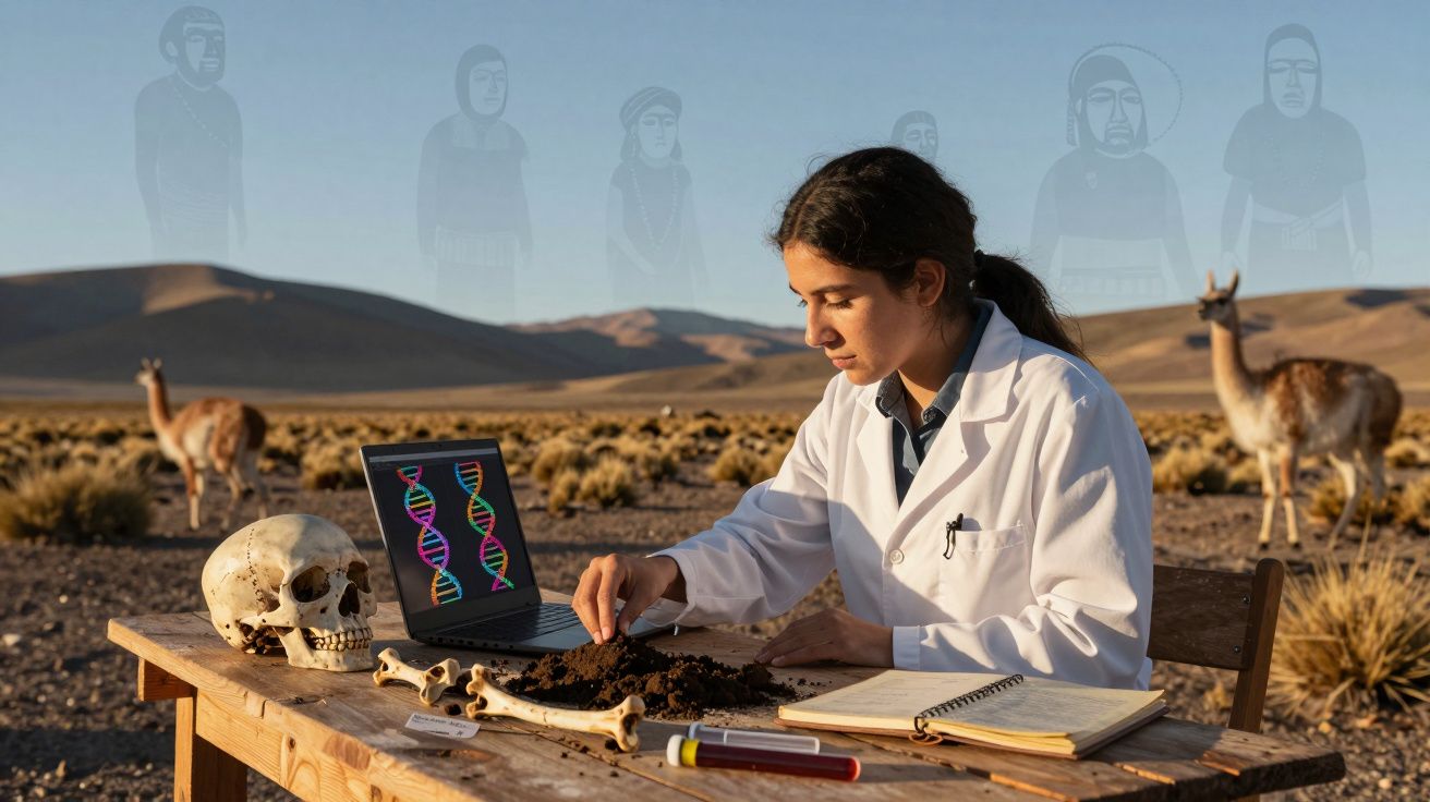 Kobieta naukowiec bada ziemię przy stole z kośćmi, czaszką i laptopem w pustynnym krajobrazie.