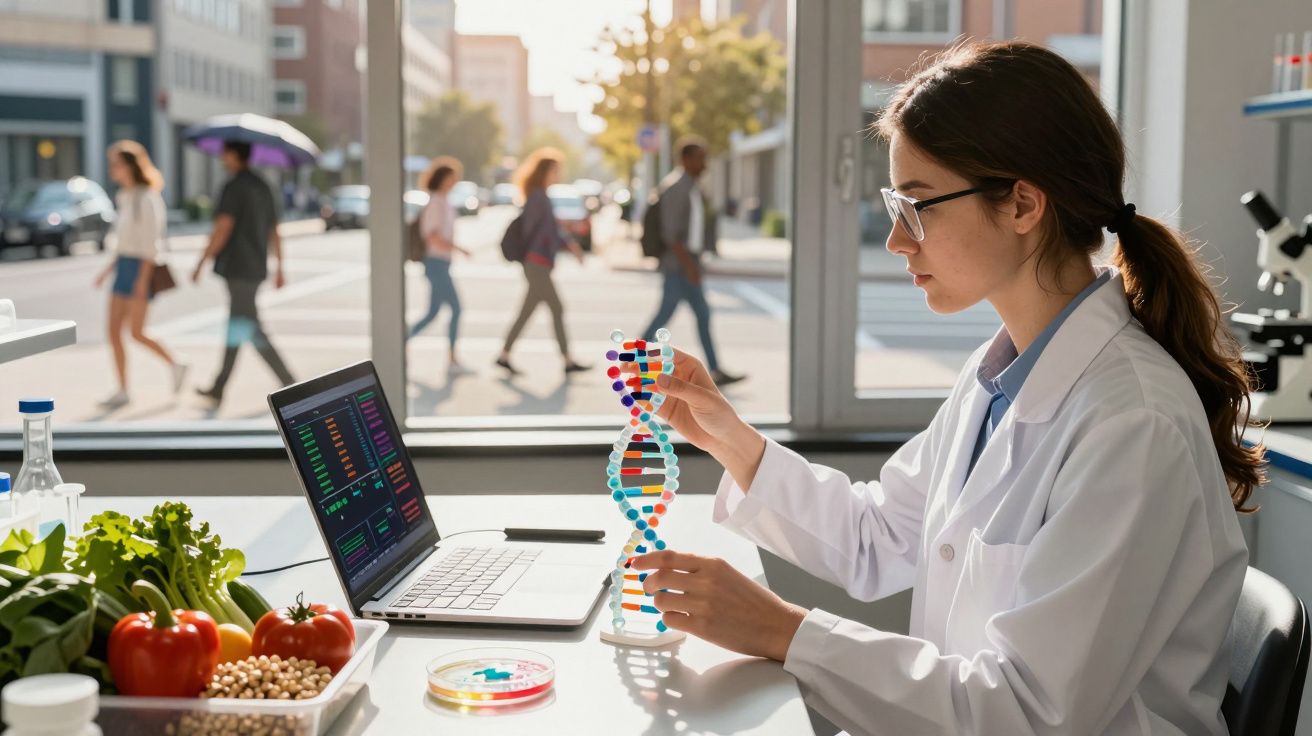 Naukowiec w laboratorium bada model DNA z warzywami i laptopem na stole, w tle przechodnie.