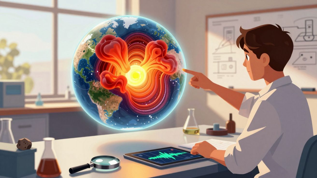 Mężczyzna bada wnętrze Ziemi na holograficznym modelu w laboratorium naukowym.