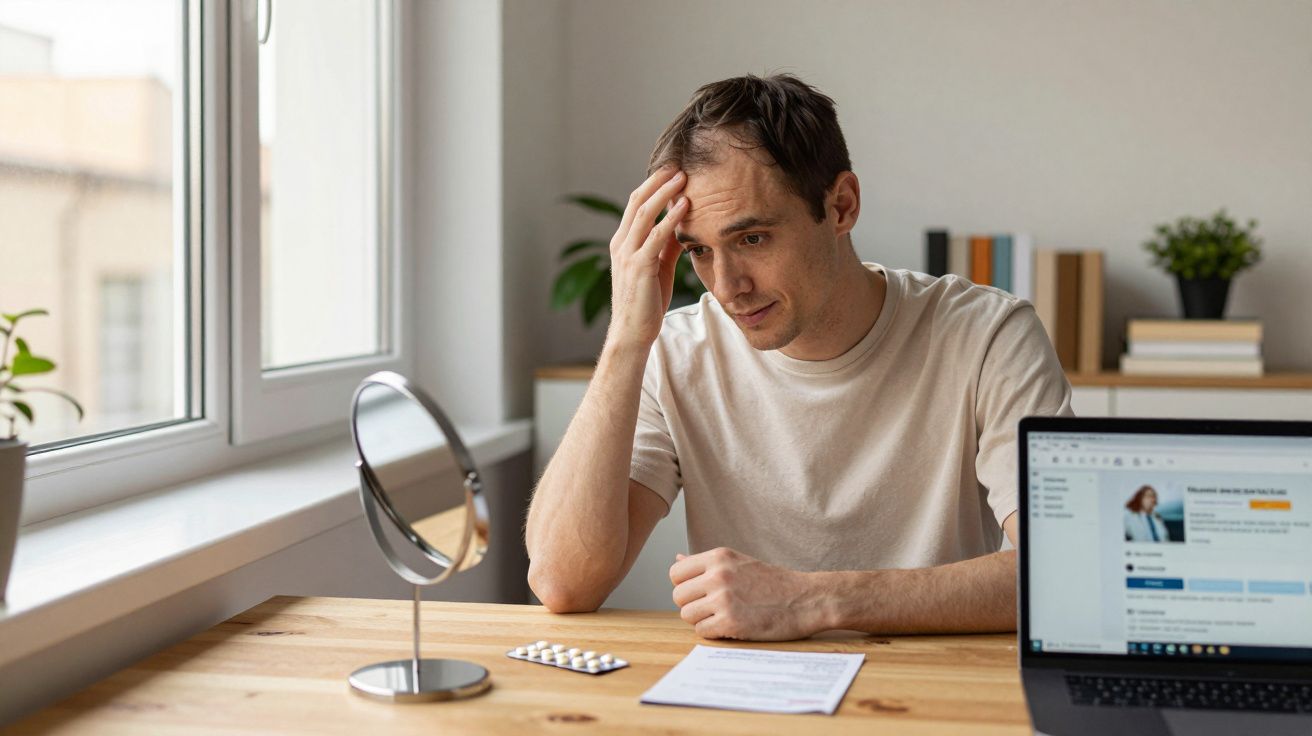Mężczyzna siedzi przy stole, trzyma się za głowę, przed nim leży lustro, tabletki i dokumenty.