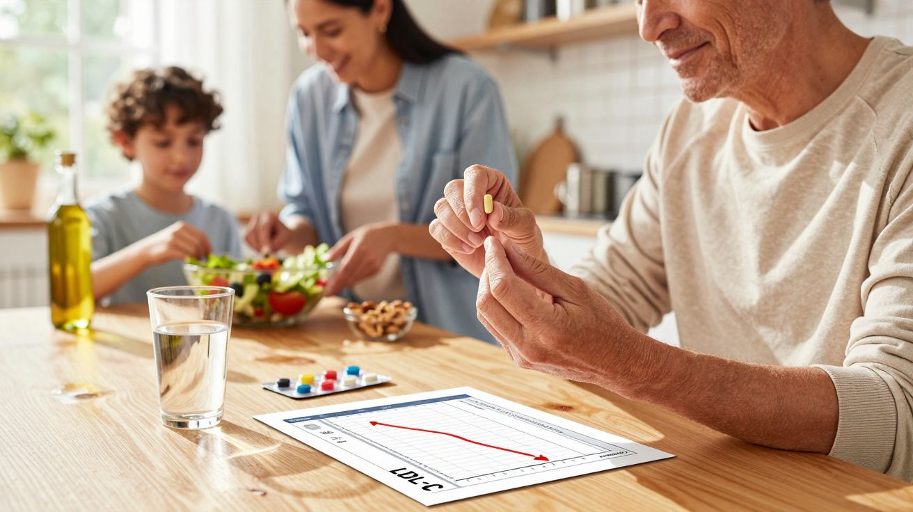 Starszy mężczyzna trzymający tabletkę przy stole, w tle kobieta i dziecko przygotowują sałatkę.