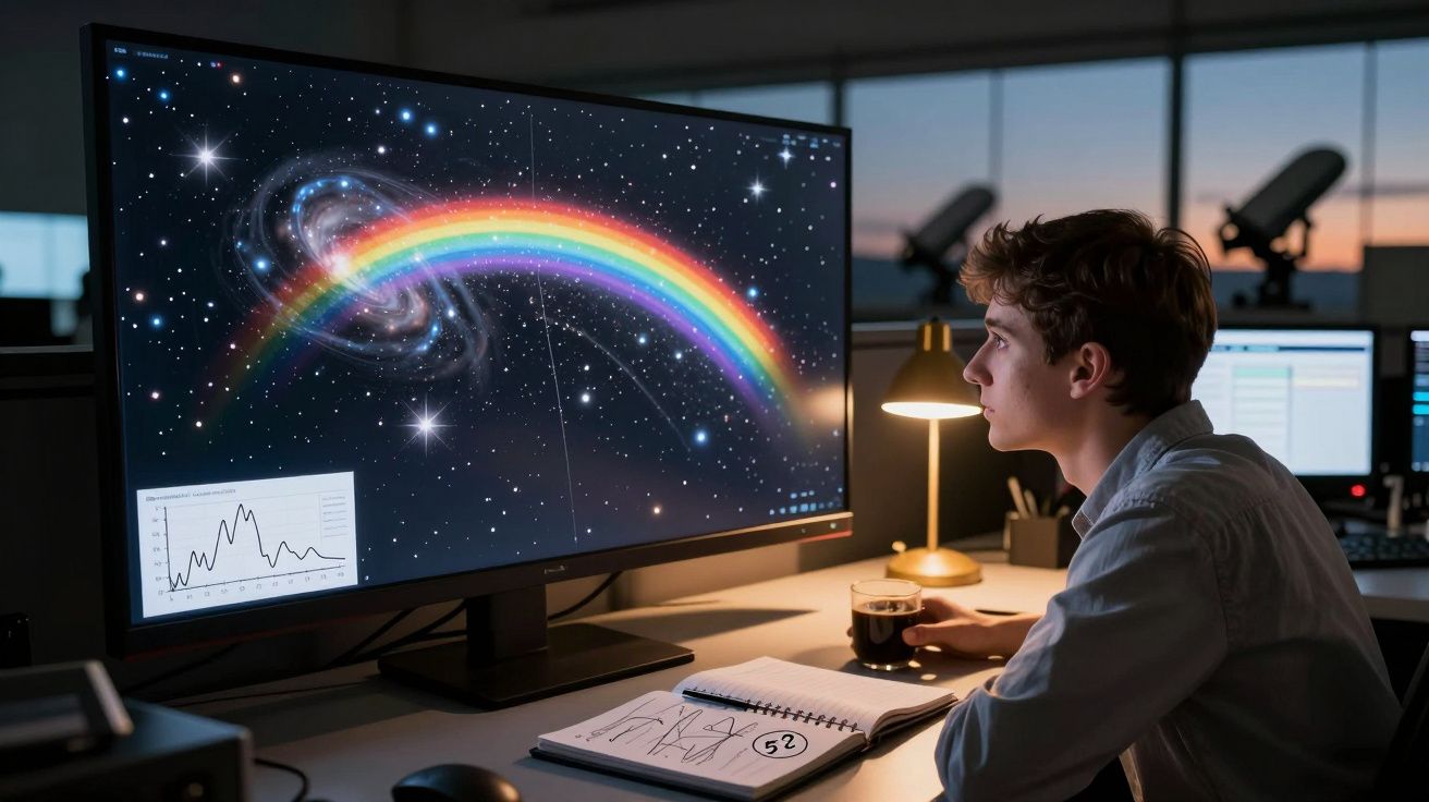 Młody mężczyzna analizuje dane kosmiczne na monitorze z tęczową spiralą i gwiazdami w ciemnym pokoju.