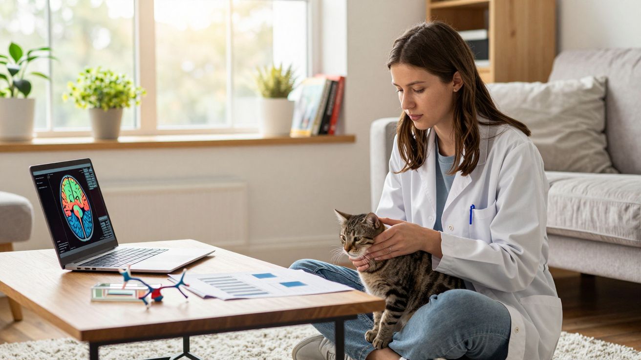Kobieta w białym fartuchu siedzi na podłodze i trzyma kota obok stołu z laptopem i dokumentami w jasnym pokoju.