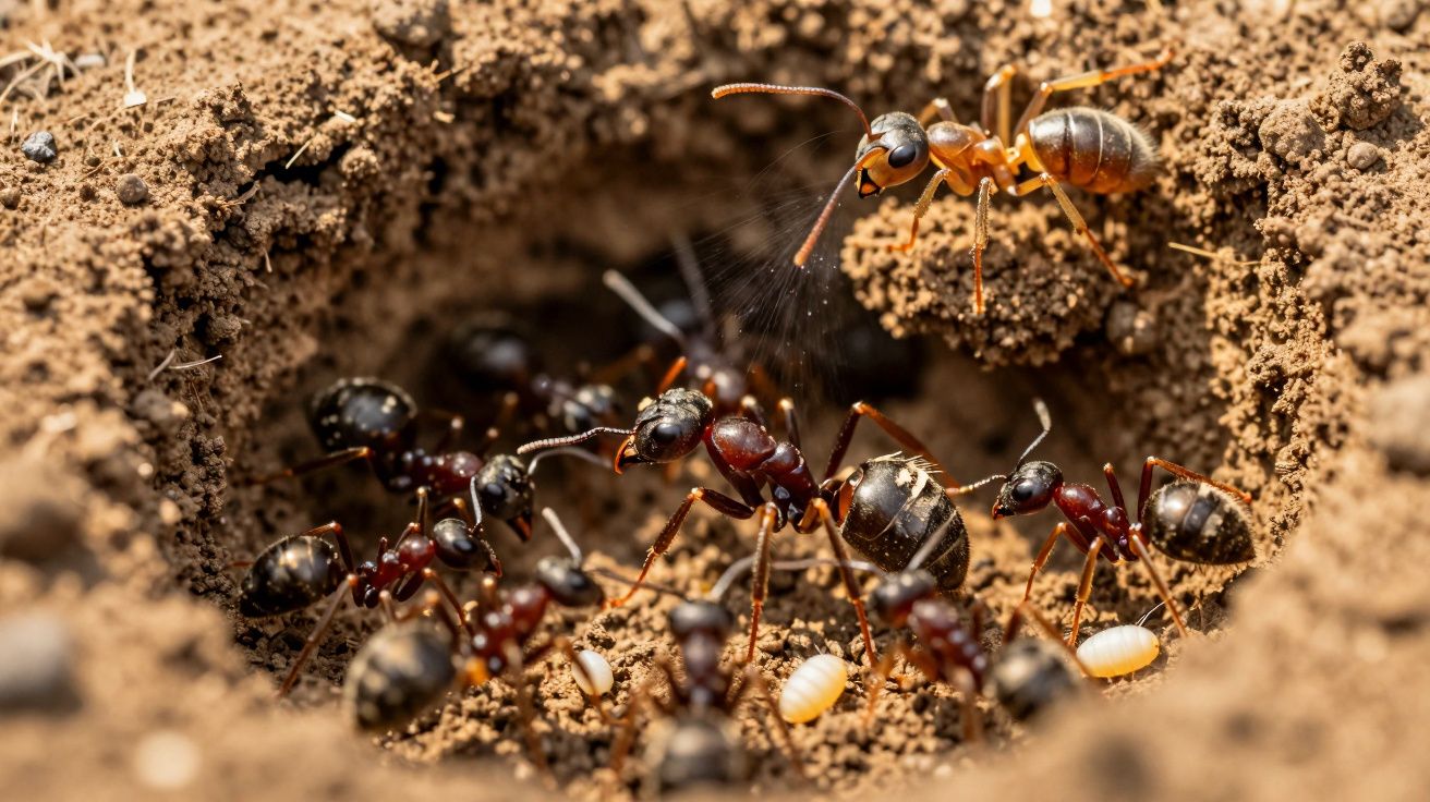 Czarne mrówki zbierające się przy wejściu do mrowiska na ziemi, widoczne larwy.