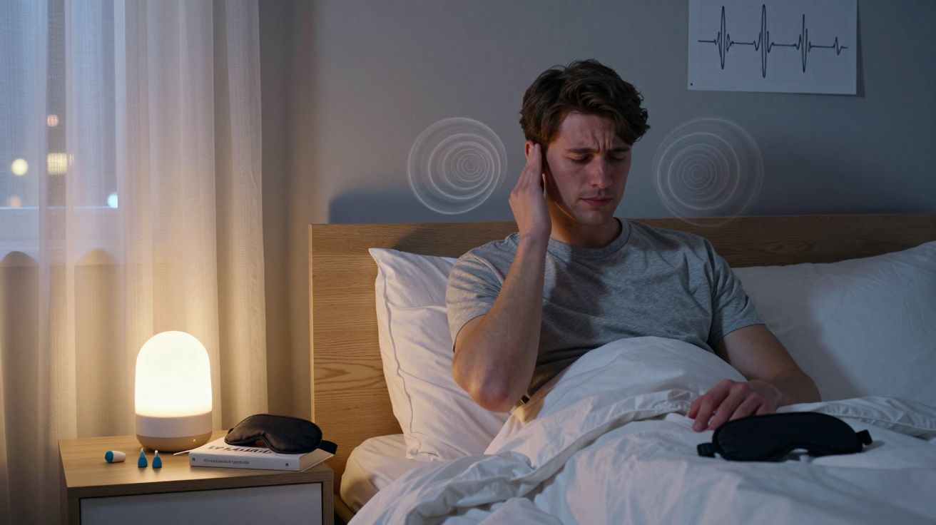 Mężczyzna w łóżku trzyma się za ucho, wyrażając ból, nocna lampka i zatyczki do uszu na stoliku.