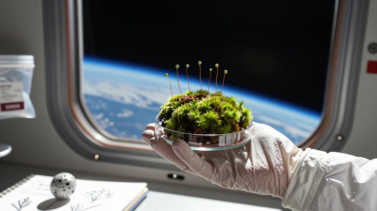 Ręka w rękawiczce trzyma pojemnik z roślinami na tle Ziemi widzianej przez okno statku kosmicznego.