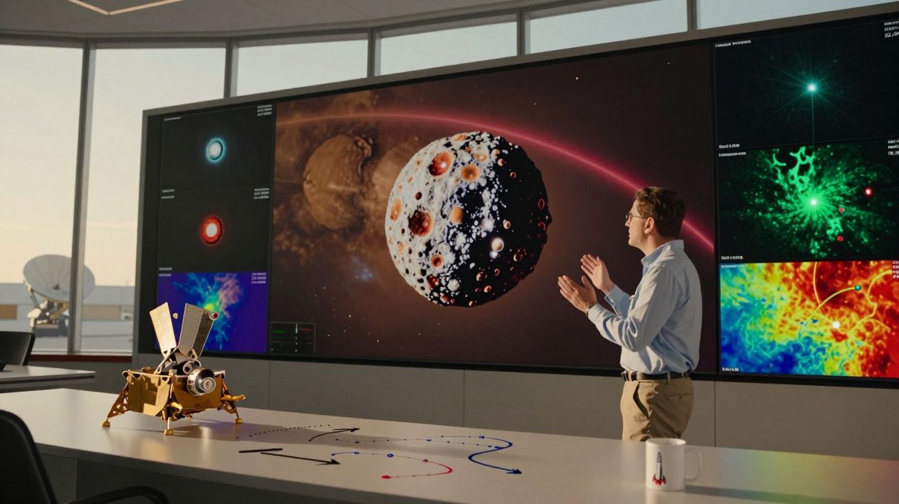 Mężczyzna analizujący wizualizacje kosmicznych obiektów na dużym ekranie w nowoczesnym laboratorium.