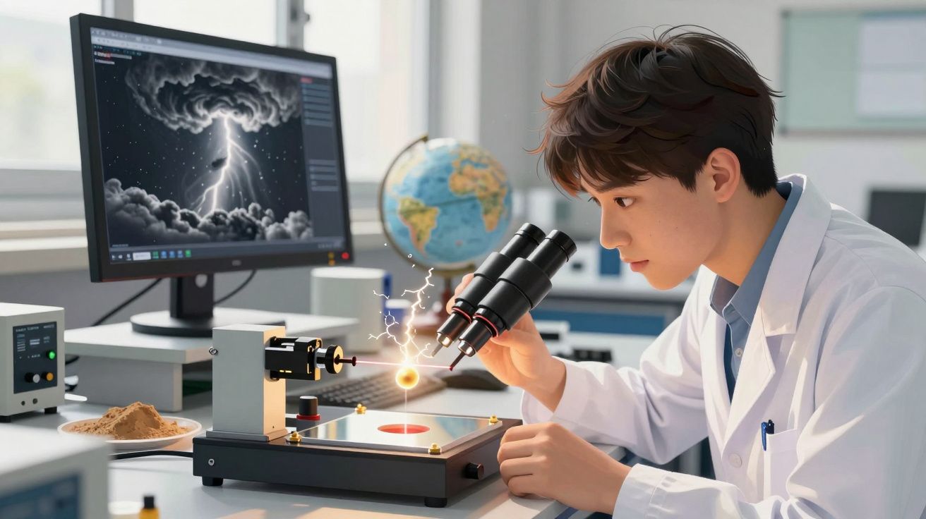 Młody naukowiec w laboratorium badający mikroskopem model błyskawicy w środowisku badawczym.