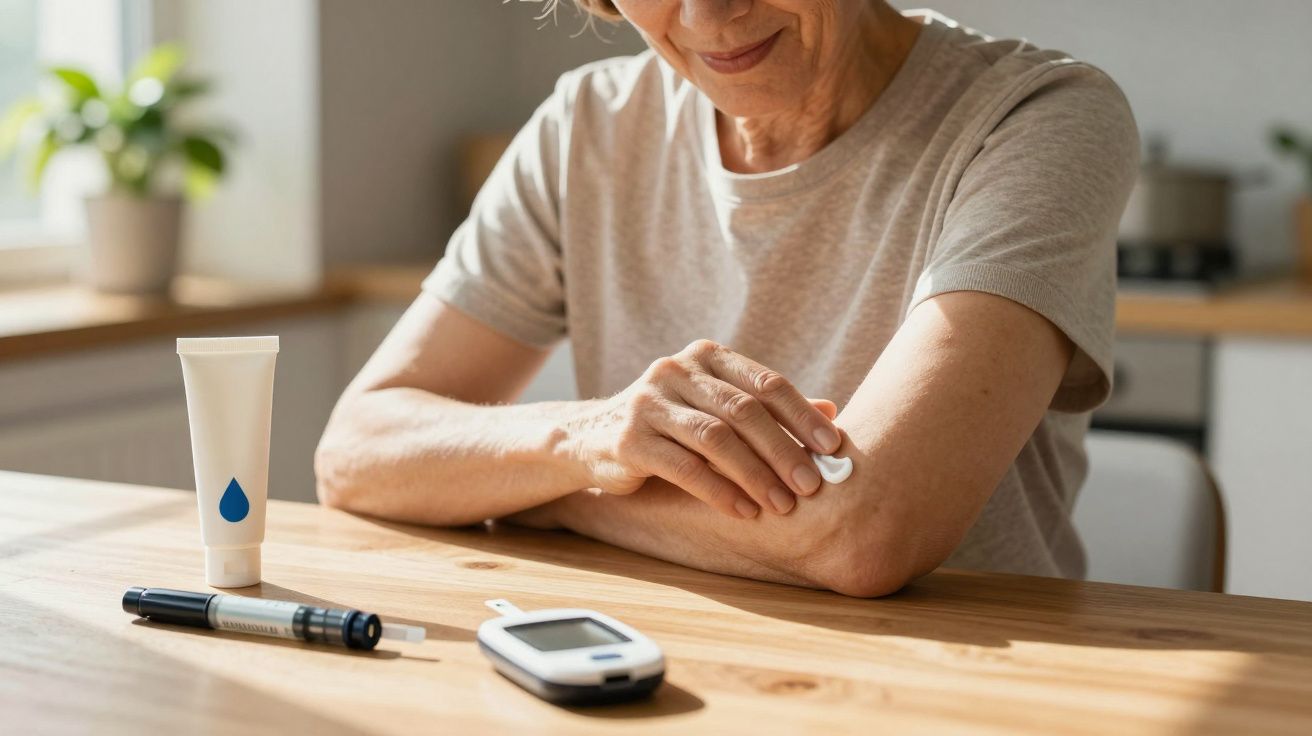 Starsza kobieta nakłada krem na łokieć, na stole glukometr i pen do insuliny.