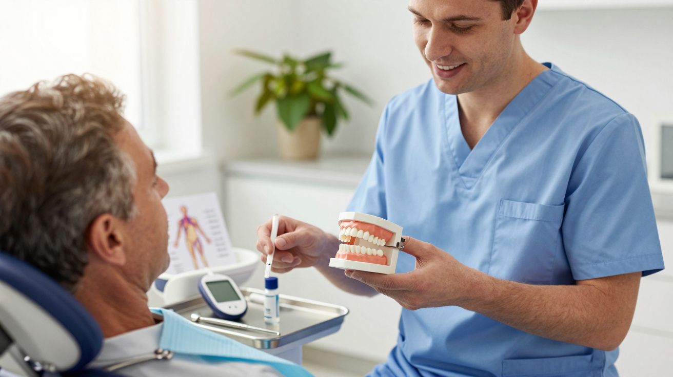Dentysta pokazuje pacjentowi model szczęki podczas wizyty w gabinecie stomatologicznym.