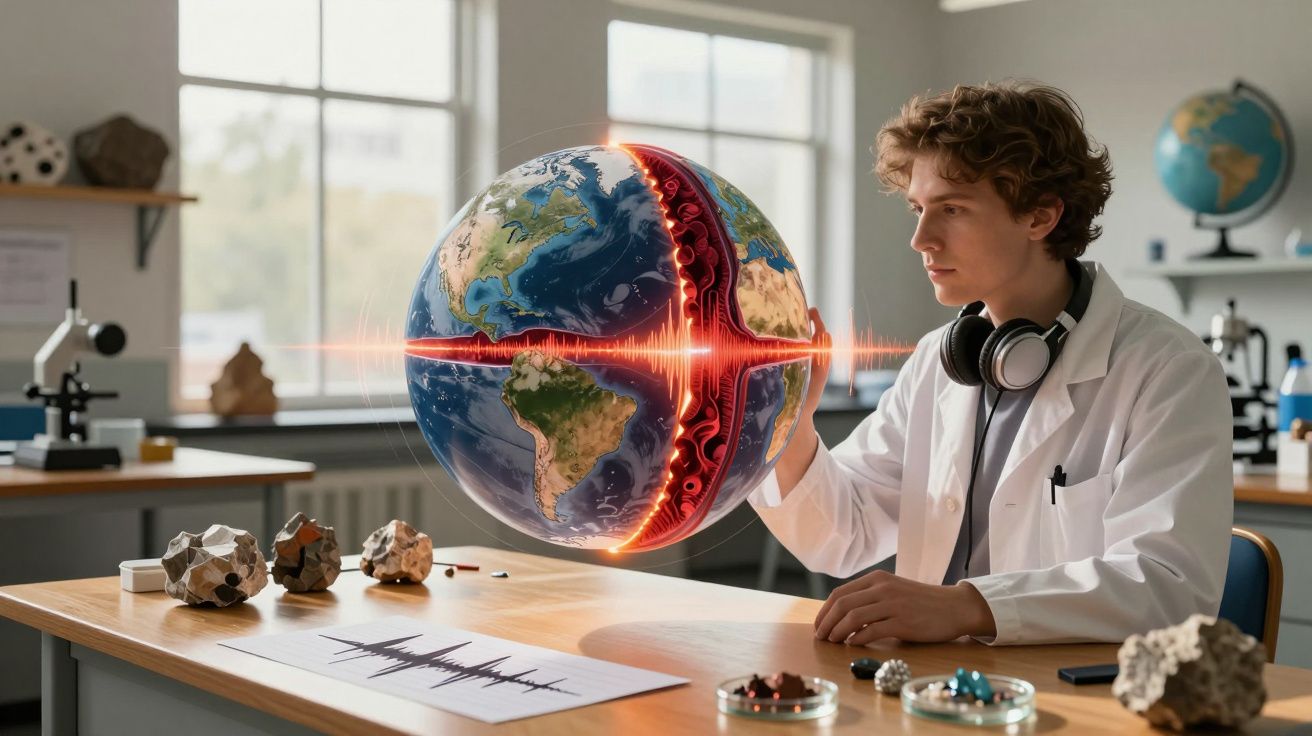 Młody naukowiec badający model Ziemi z holograficznym przekrojem płaszcza w sali lekcyjnej.