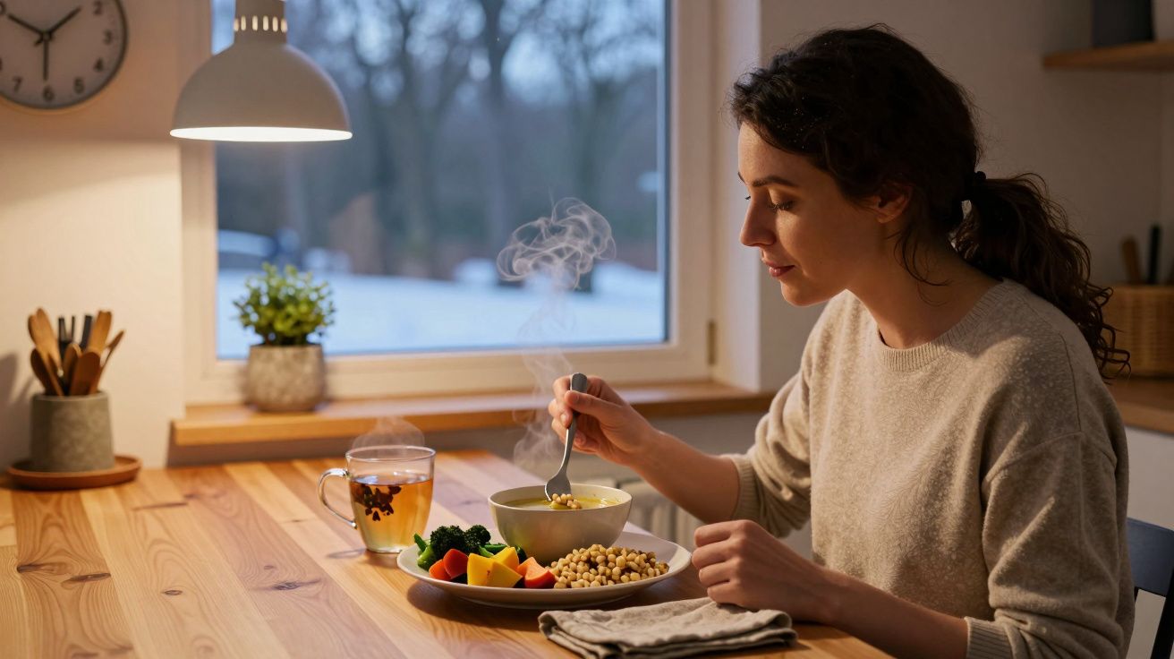 Kobieta jedząca gorącą zupę przy drewnianym stole w kuchni z widokiem na zaśnieżone drzewa.