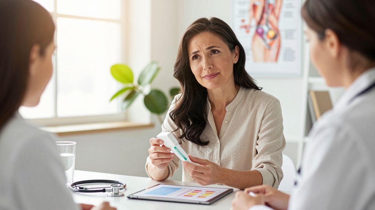 Kobieta pokazuje wynik testu medycznego podczas rozmowy z lekarzami w gabinecie.