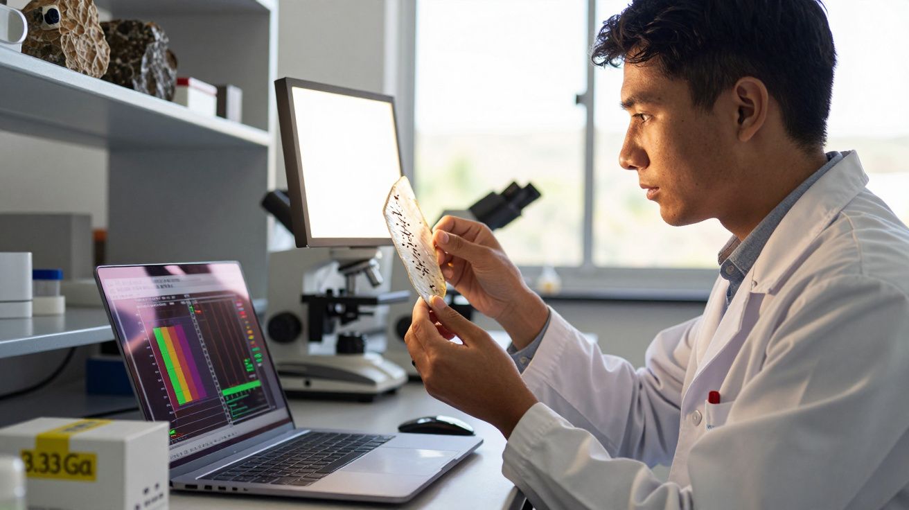 Naukowiec w białym fartuchu analizujący próbkę laboratoryjną przy komputerze i mikroskopie.