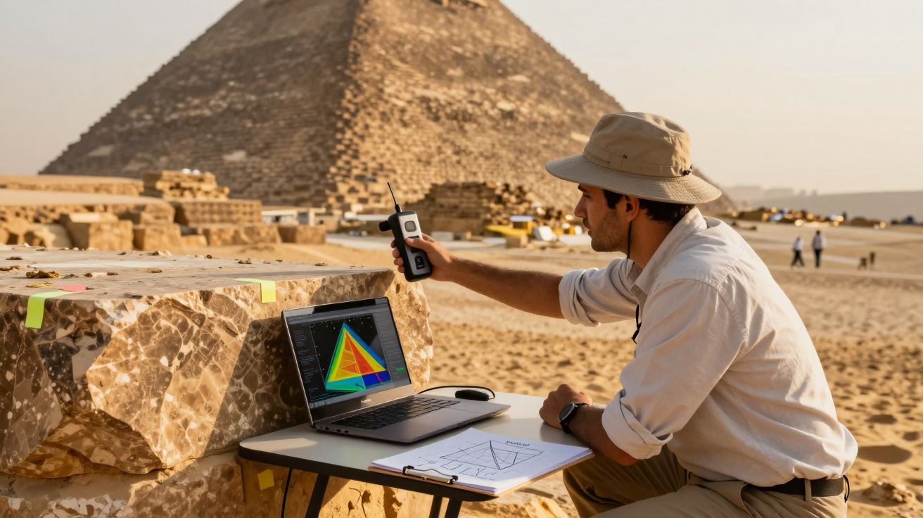 Archeolog z laptopem i sprzętem pomiarowym badający starożytne ruiny przy piramidzie w Egipcie.