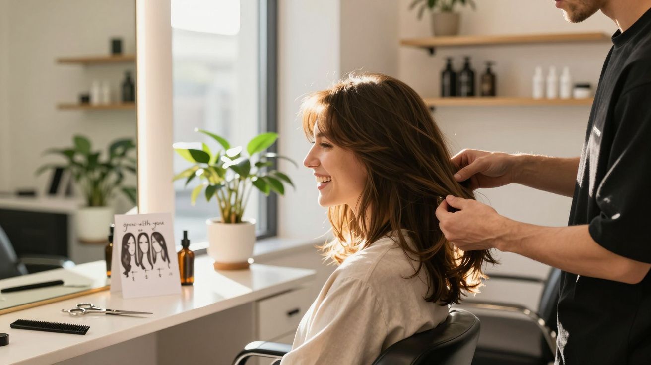 Kobieta u fryzjera, uśmiechnięta siedzi na fotelu podczas stylizacji włosów.