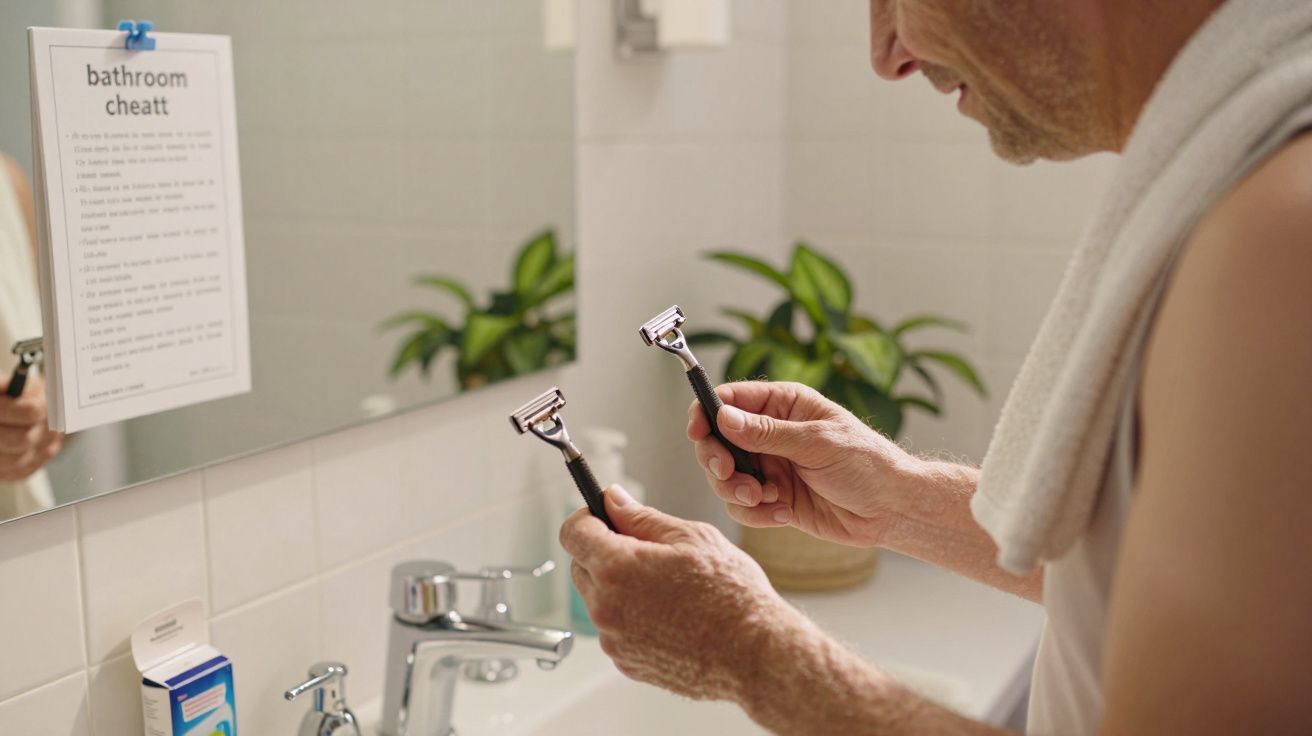 Mężczyzna trzyma maszynkę do golenia stojąc przed lustrem w łazience z ręcznikiem na ramionach.