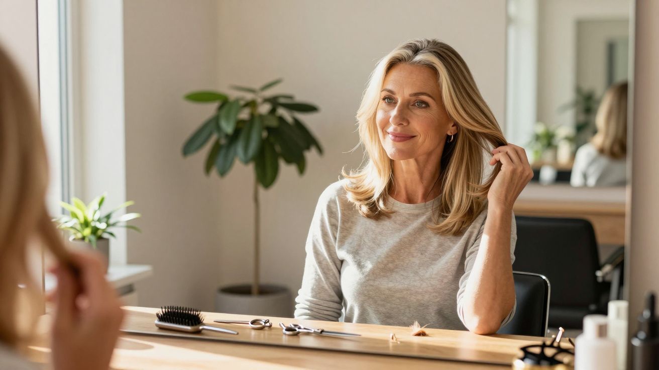 Kobieta w średnim wieku siedzi przed lustrem i poprawia włosy w jasnym, przytulnym pomieszczeniu.