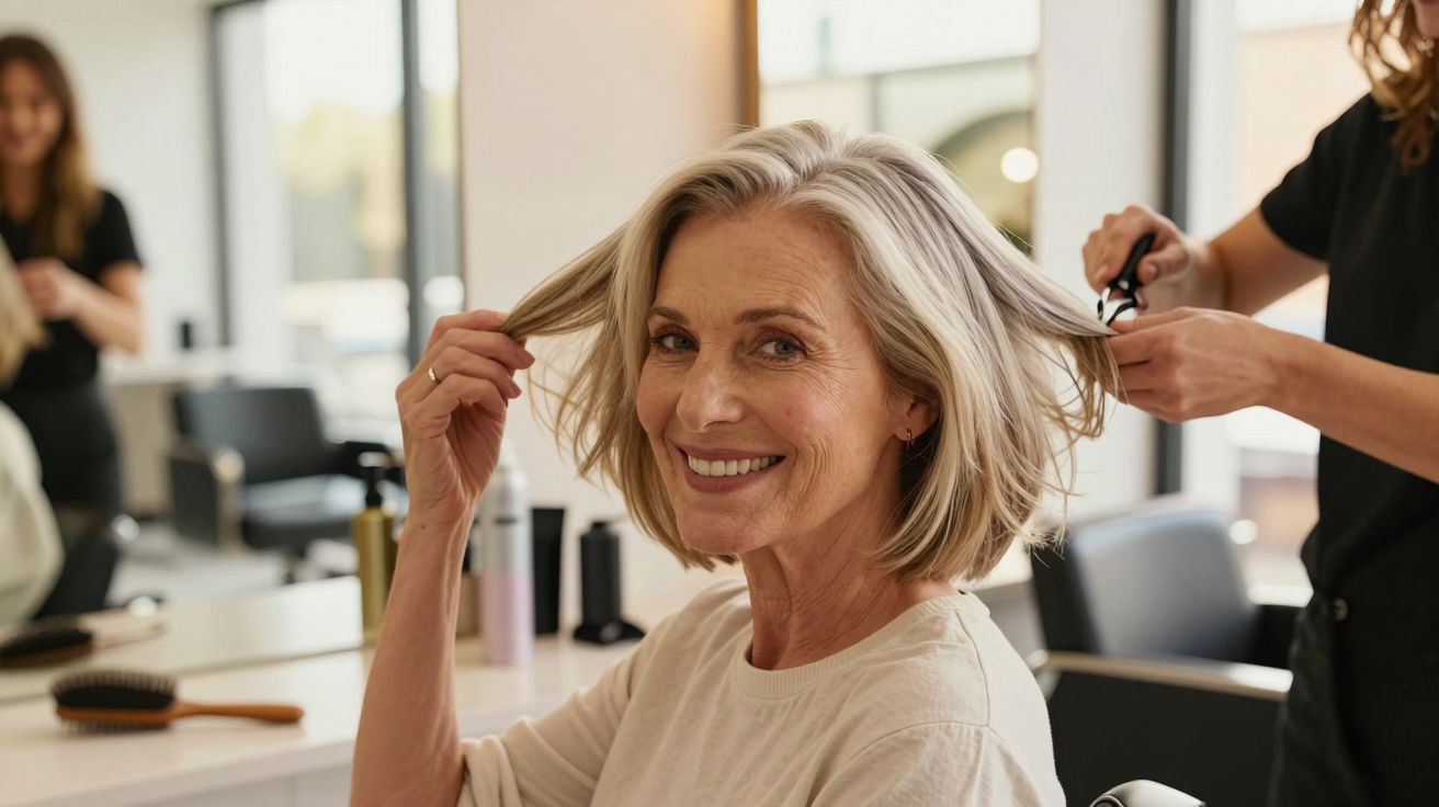 Uśmiechnięta kobieta w średnim wieku podczas strzyżenia włosów w salonie fryzjerskim.