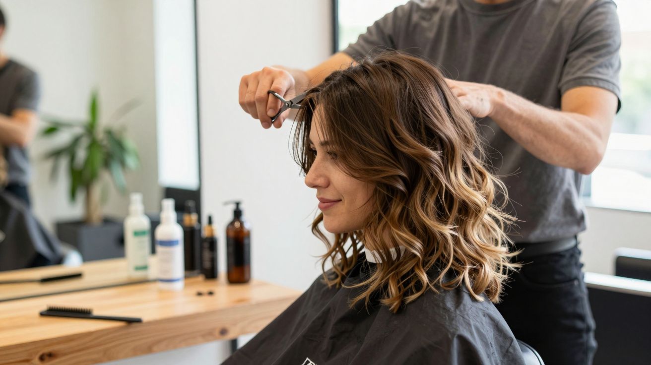 Kobieta z falowanymi włosami obcinana u fryzjera w salonie fryzjerskim, widok z profilu.