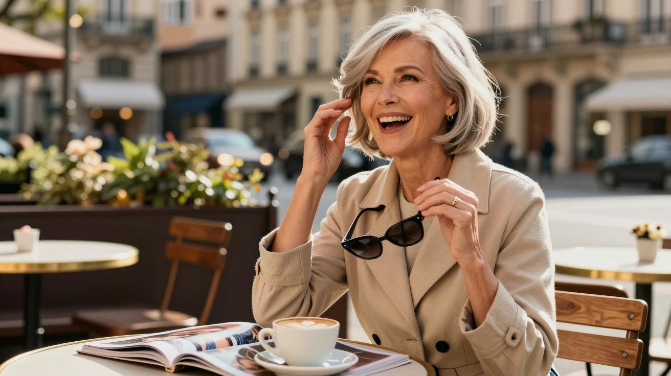 Uśmiechnięta starsza kobieta siedzi w kawiarni na zewnątrz, trzyma okulary przeciwsłoneczne przy twarzy.