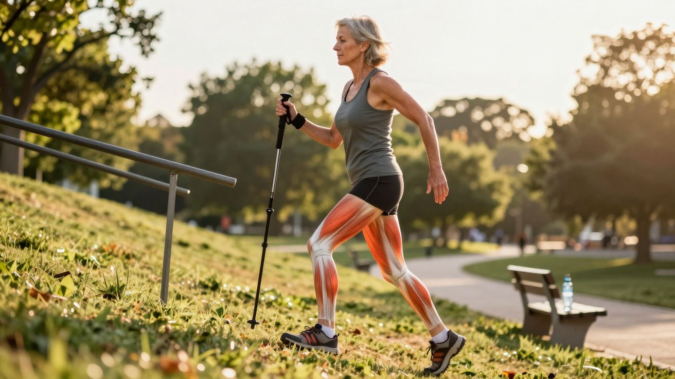 Starsza kobieta spacerująca z kijkami Nordic Walking po parku, z zaznaczonymi mięśniami nóg.