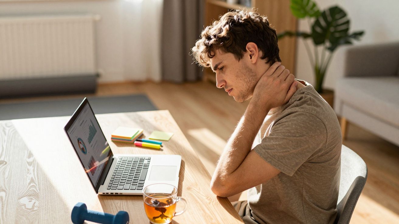 Mężczyzna siedzi przy biurku z laptopem i odczuwa ból szyi, trzymając ją ręką.