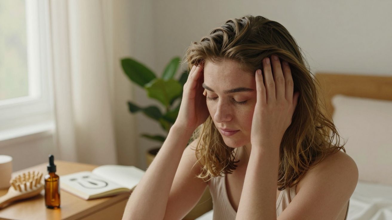 Zmęczona kobieta trzyma ręce na głowie, siedząc w jasnym pokoju z książką i rośliną w tle.