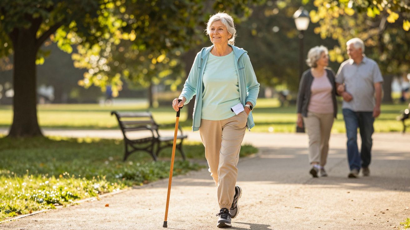 Starsza kobieta z laską spaceruje po parku, w tle para idąca razem alejką na jesiennym słońcu.