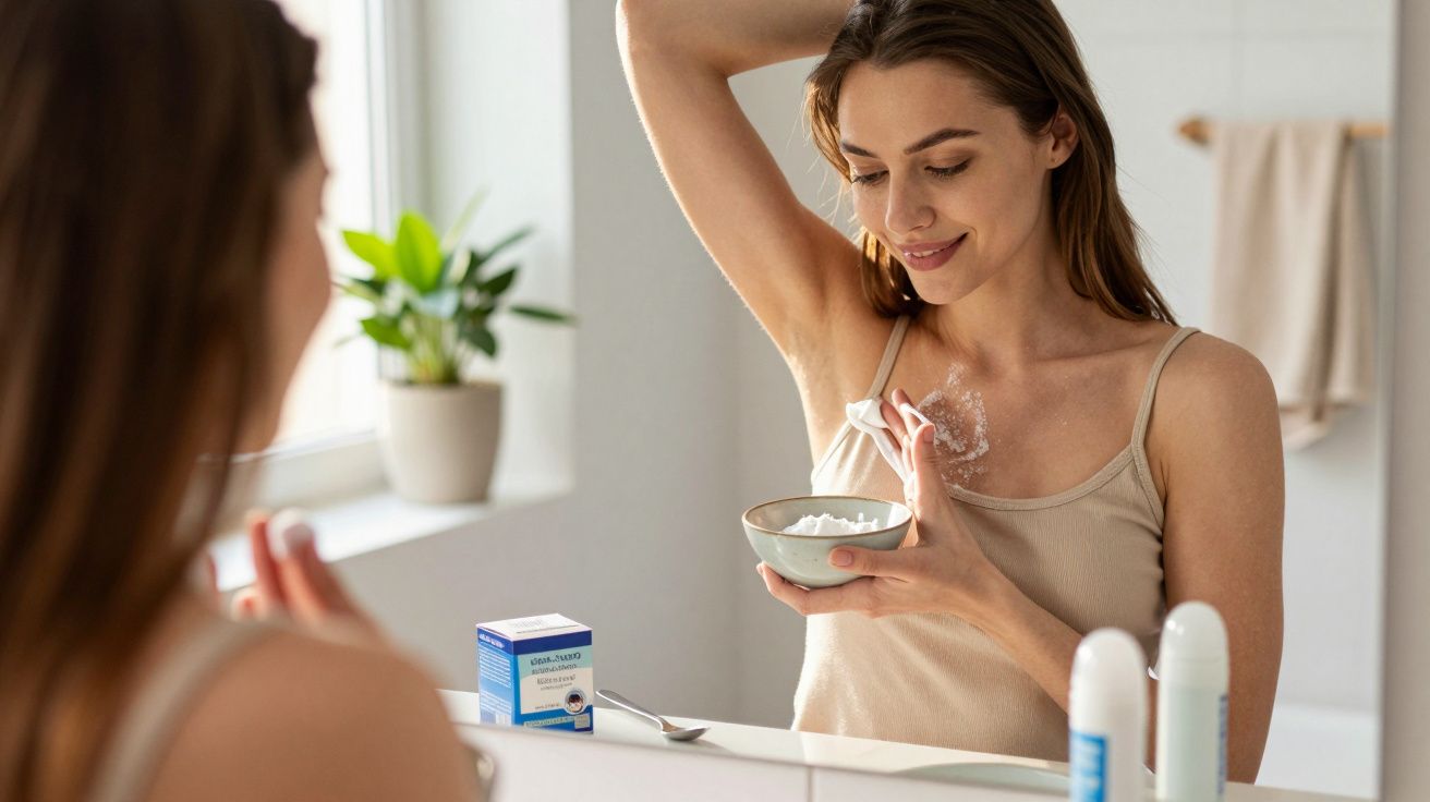 Kobieta nakłada krem na pachę stojąc przed lustrem w jasnej łazience.