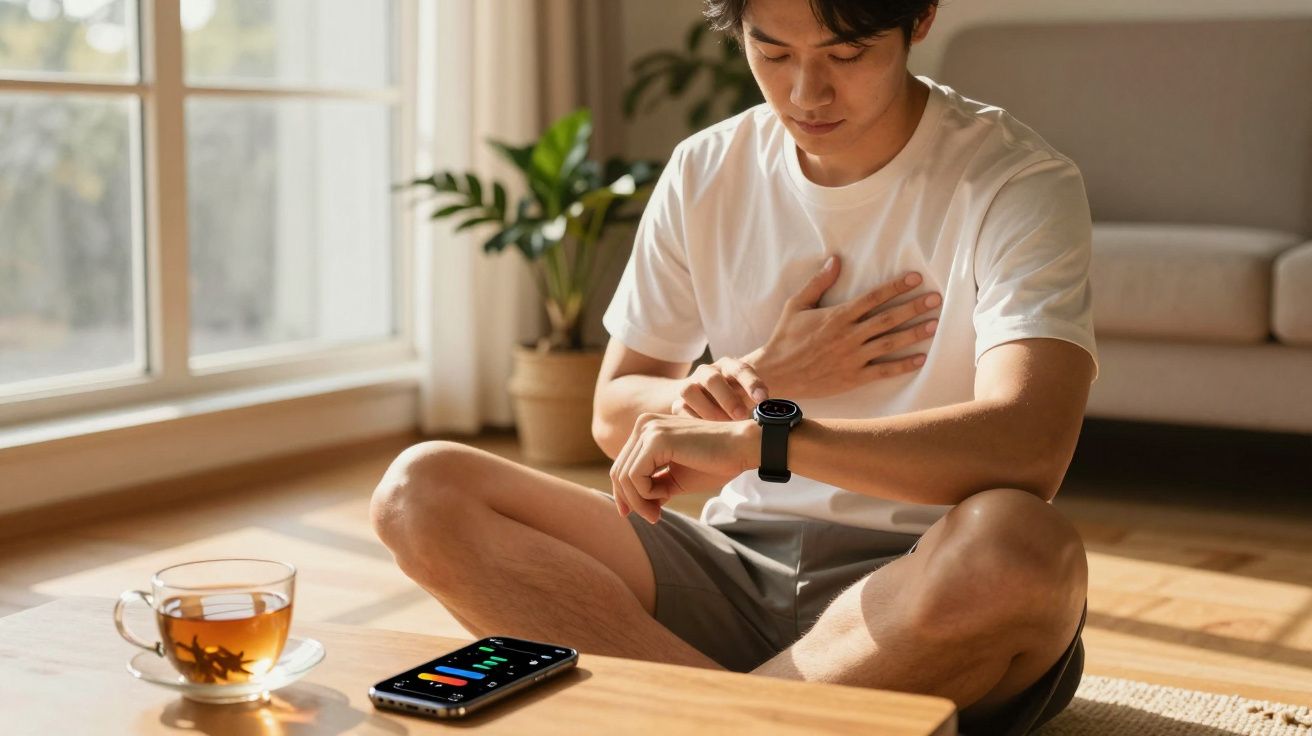 Mężczyzna monitoruje puls na zegarku podczas ćwiczeń w domu, obok stoi herbata i telefon z aplikacją fitness.