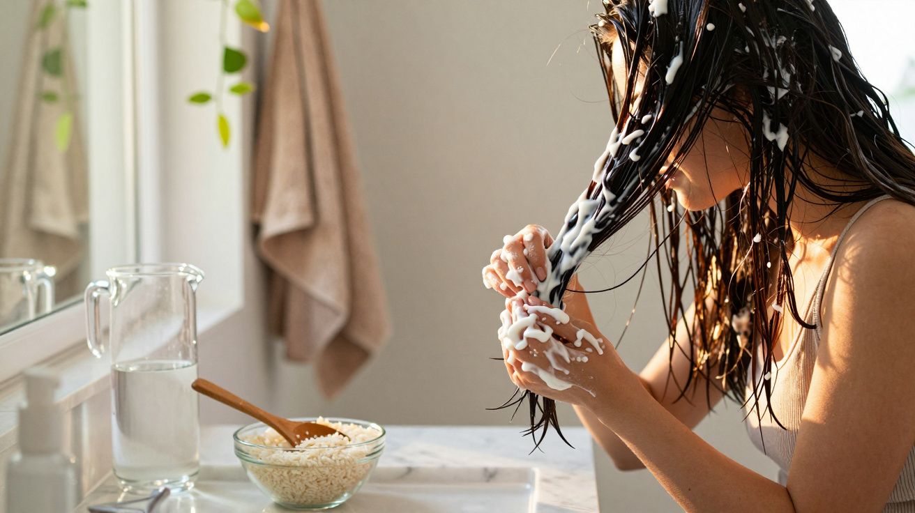 Kobieta nakłada maseczkę z ryżu na mokre włosy w łazience przy lustrze.