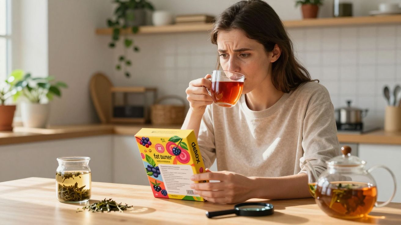Kobieta pije herbatę i czyta etykietę opakowania w kuchni przy stole.