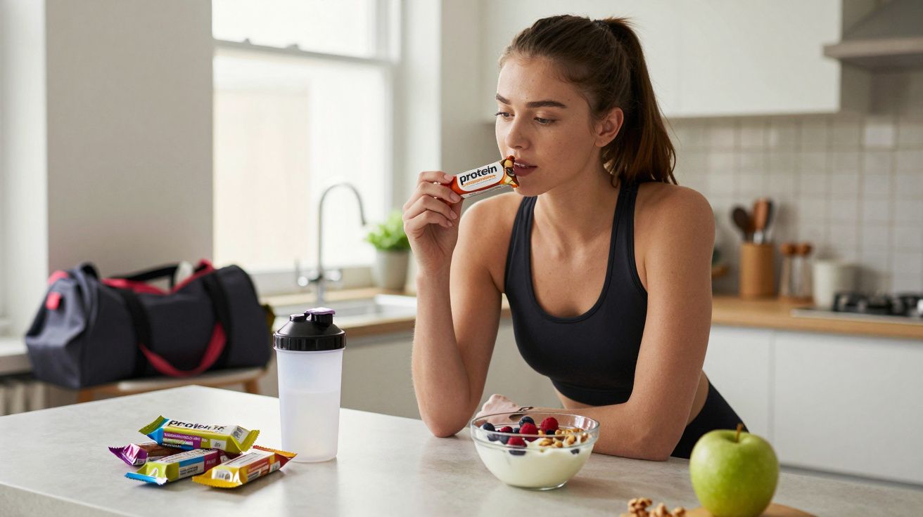 Kobieta w sportowym stroju je batonik proteinowy przy kuchennym blacie z jogurtem i owocami.