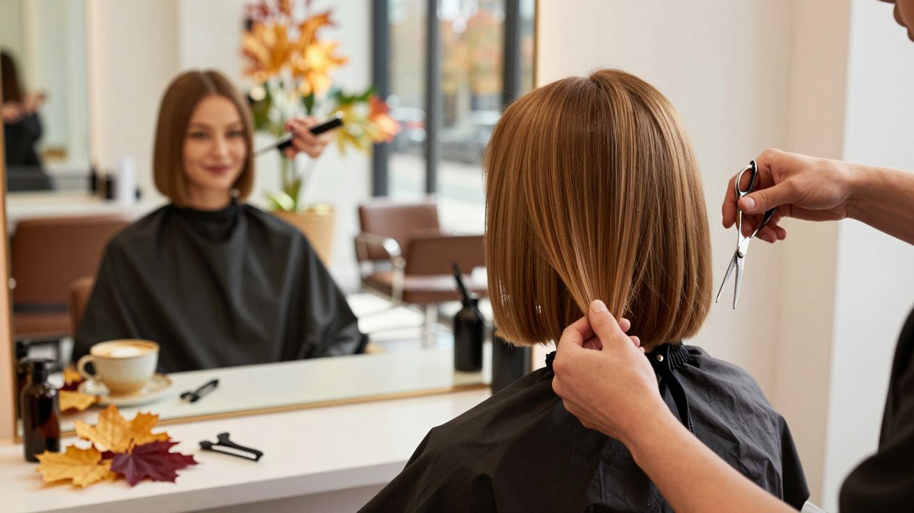 Kobieta z krótkimi włosami siedzi u fryzjera, który podcina jej końcówki nożyczkami.