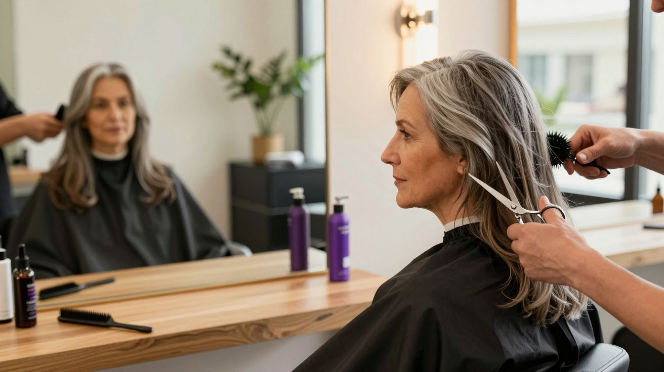 Starsza kobieta w godzinach salonu fryzjerskiego strzyżona przez fryzjera.