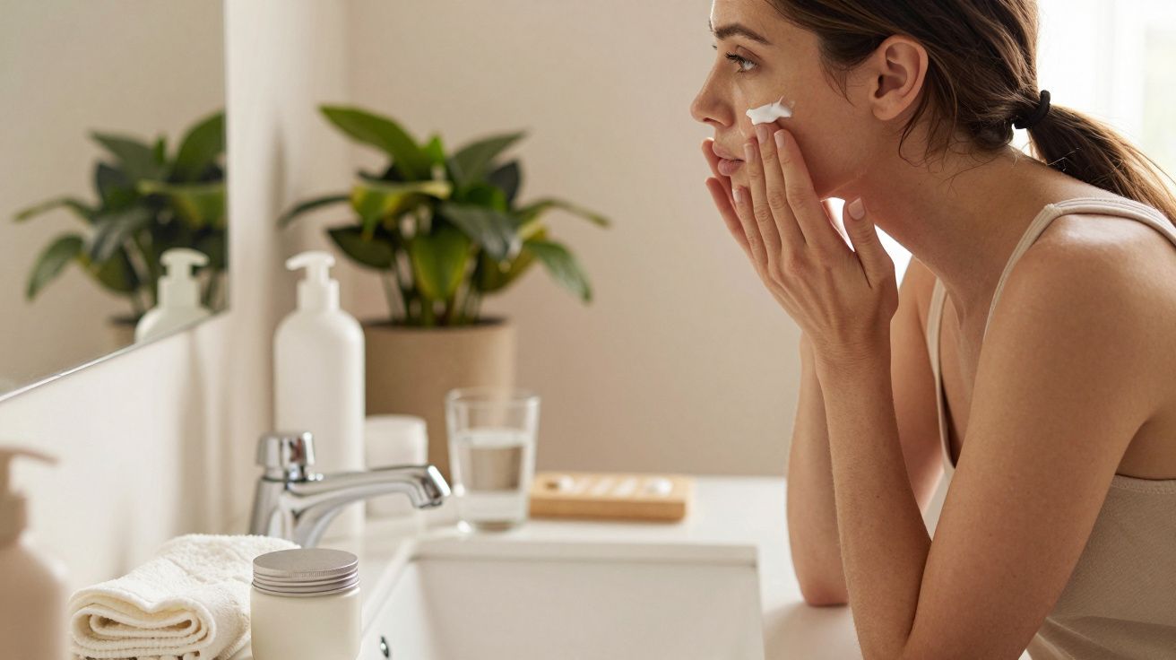 Kobieta nakłada krem na twarz w łazience przed lustrem, obok umywalki roślina i ręcznik.