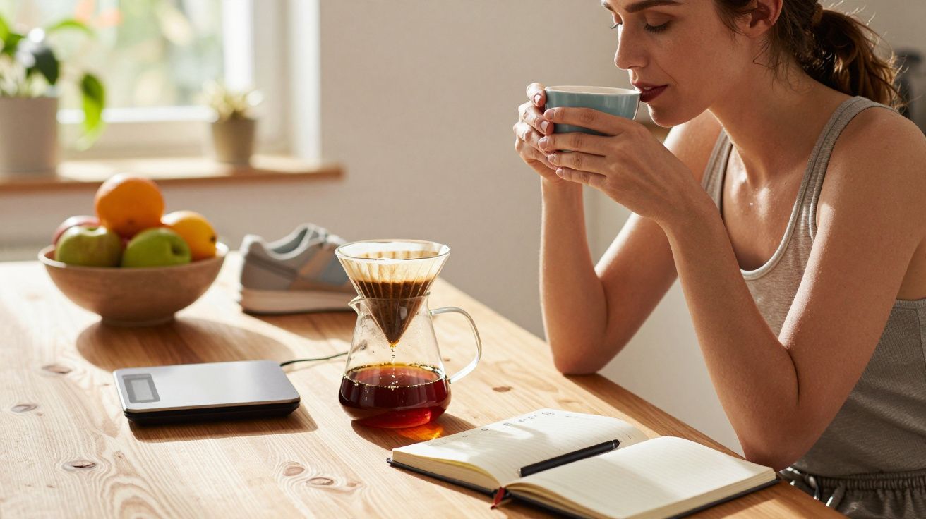 Kobieta pijąca kawę przy drewnianym stole z notesem, wagą i miską owoców w jasnym pomieszczeniu.