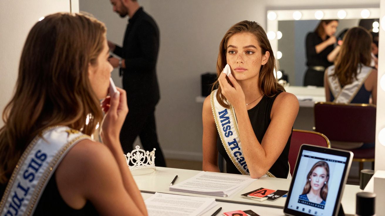 Kandydatka na Miss Teen siedzi przed lustrem, poprawiając makijaż, obok leży korona i zdjęcia.