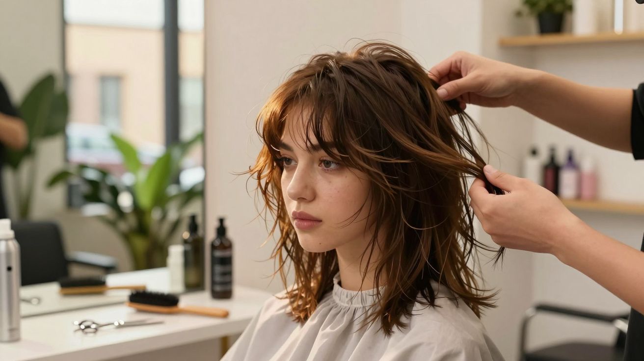Kobieta z brązowymi, falowanymi włosami podczas stylizacji w salonie fryzjerskim.