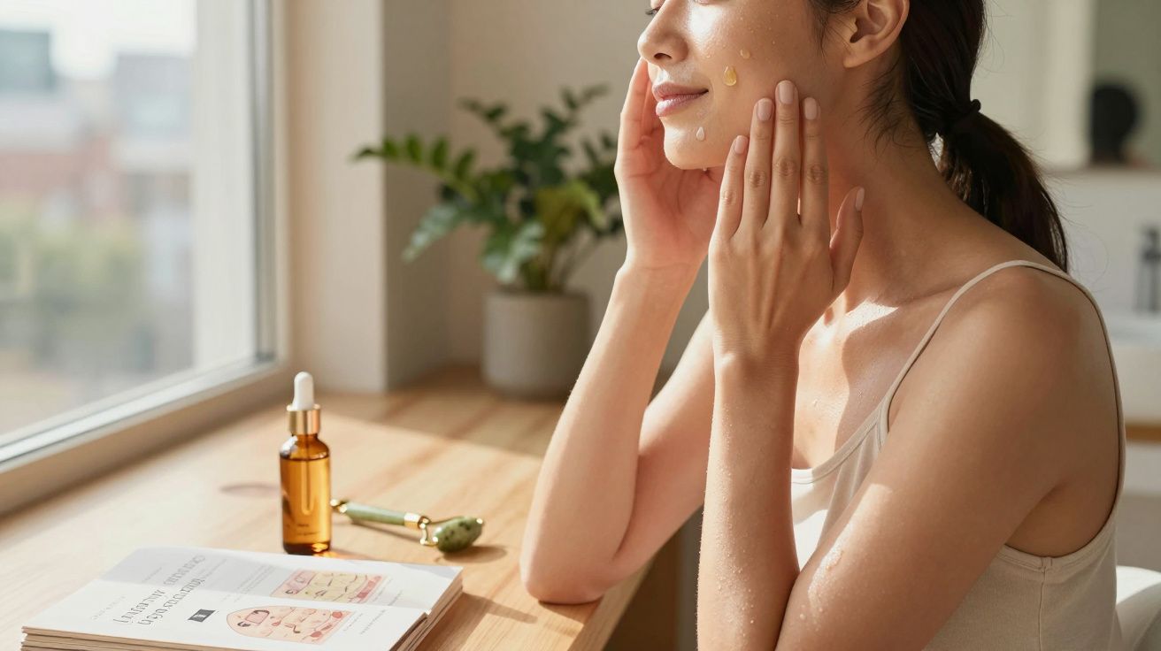 Kobieta nakłada serum na twarz siedząc przy drewnianym stole przy oknie.