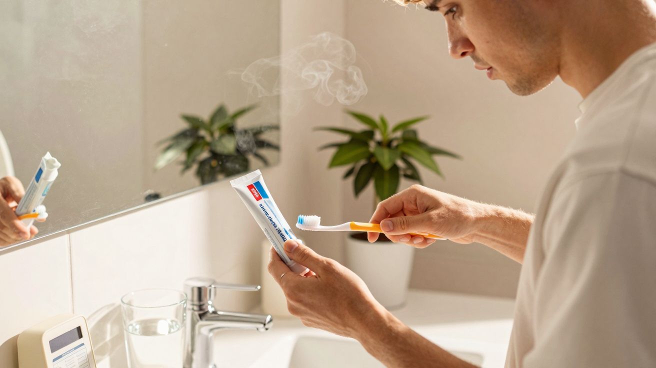 Mężczyzna nakłada pastę do zębów na szczoteczkę w łazience przed lustrem.