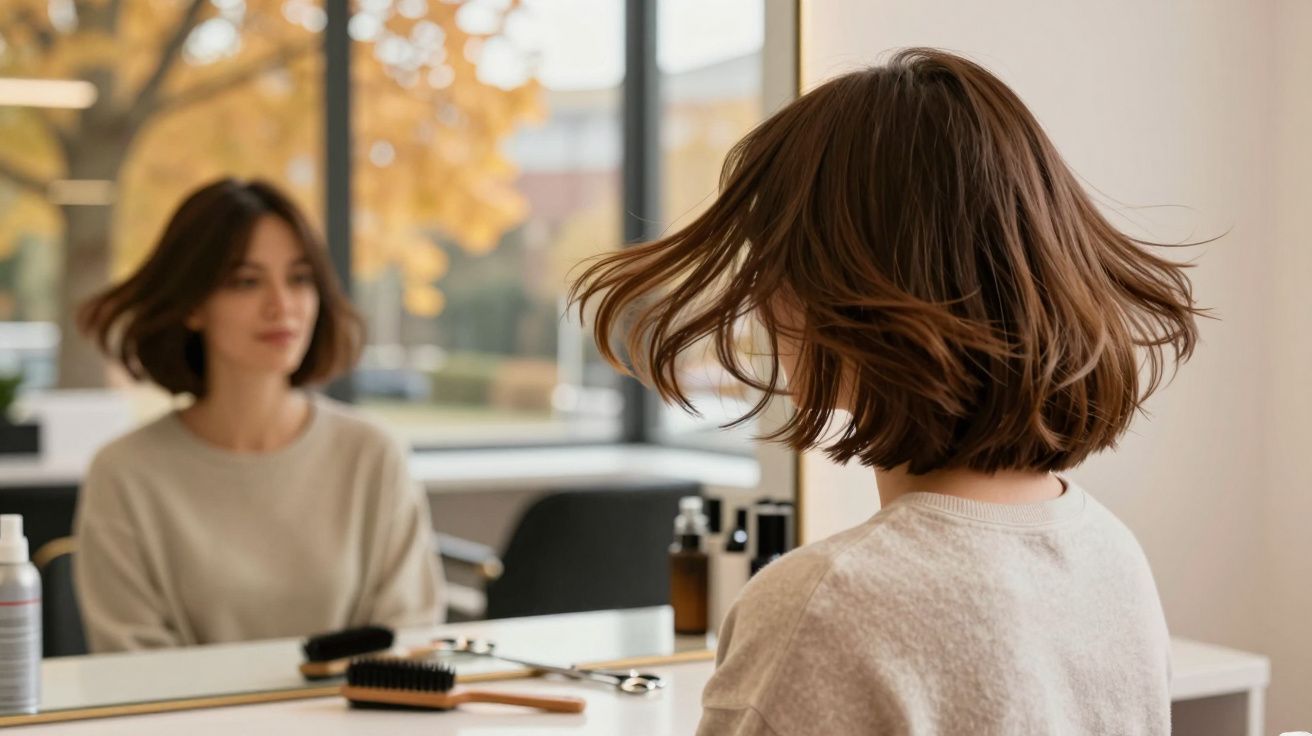 Kobieta z krótkimi brązowymi włosami obraca głowę przed lustrem w salonie fryzjerskim.