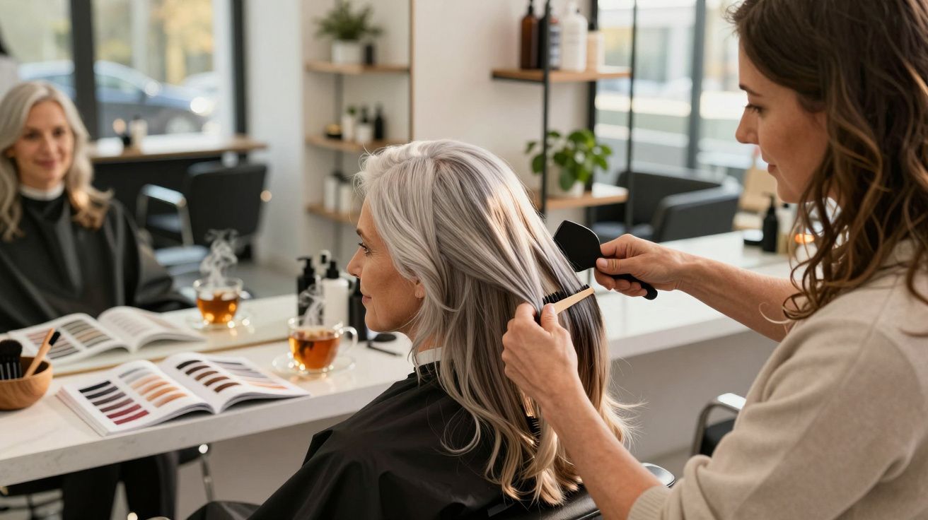 Kobieta z siwymi włosami u fryzjera podczas szczotkowania i stylizacji włosów.